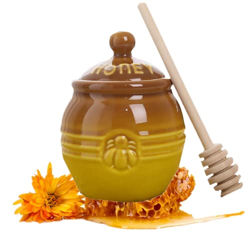 Honey Jar With A Dipper 12Oz（Ceramic Honey Pot ） Ceramic Honey Pot Made Out Of Solid Clay Piece. Honey Container, Great For Syrup, Sugar, Sauces, Condiments And More #TOP15