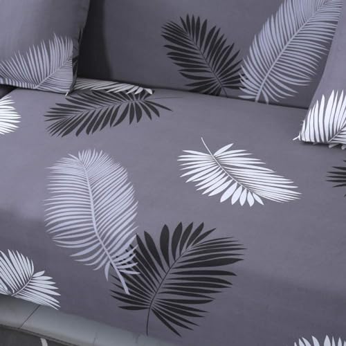 Image of Gurnoor Sofa Cover One 3 Seater and Two 1 Seater Fully Covered Universal 5 Seater for Living Room Non-Slip Sticky Elastic Stretchable Couch Sofa Set Slipcover Protector(Grey-Leaf)
