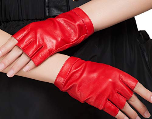 最安値 Nappaglo レディース 女性用 ショート 指なし レザー フィンガーレス 手袋 冬 インナー 保温 暖かい 防寒 運動 運転 ドライブ グローブ M レッド シルク ライニングの価格比較