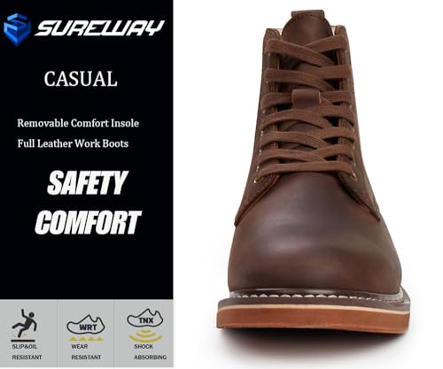 SUREWAY Men’s 6" Stylish and Comfort Leather Ankle Lace-up Boots,Men Dress Chukka Boots,6-Inch Service Boot Pro,Casual Soft toe Brown Work Boots4