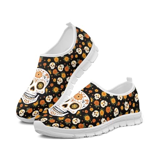 JUDENTIDOS Sugar Skull Print Women's Walking Shoes Fashion Running Sports Sneakers Lightweight Slip on Loafers Comfort Mesh Athletic Tennis