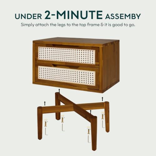 Image of Bme Oliver Solid Wood Rattan Nightstand /Side Table /End Table, Fully Assembled, for Bohemian & Mid Century Style Bedroom and Living Room, Caramel | Fully Assembled