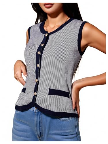 Women's Plus Size Striped Sweater Vest Button Up V Neck Knit Work Office Tops
