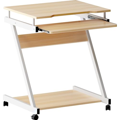 AuraCraft Petit Bureau Ordinateur Z Bureau Table roulettes avec Freins avec Support de Clavier (Chêne Blanc, 60x48x73cm)