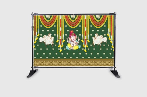 Image of Marigold and Lotus Flower with Cows and Ganesh ji Design Backdrop Cloth for Pooja Decoration Traditional Background Curtain Cloth for Festival Size 5 Feet Height and 8 Feet Width (5 * 8)