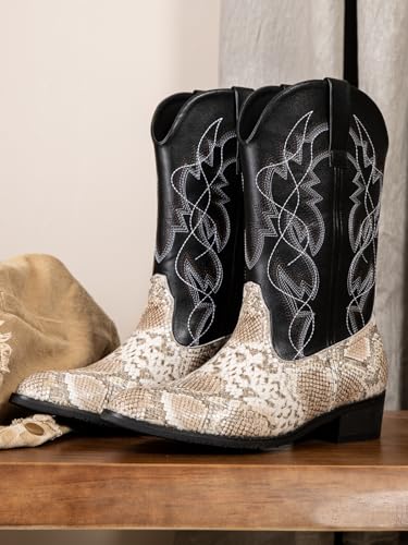 Image of Python Manning Men's Boots Cowboy for Men Classic Pointed Toe Western Pull Up Snakeskin Embroidered Mid-Calf Boots