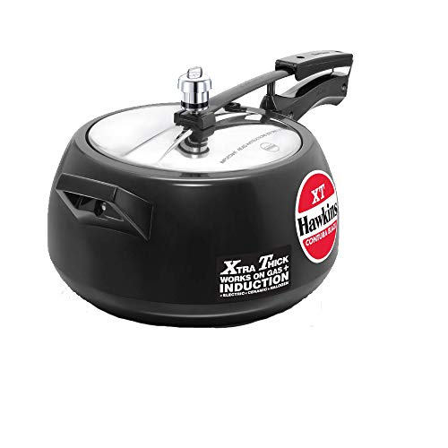 Image of Hawkins Contura Black Xt 5 Ltr Pressure Cooker With Hard Anodised 2 Pc Separater Cooker Dabba And Stand, 5 Liter