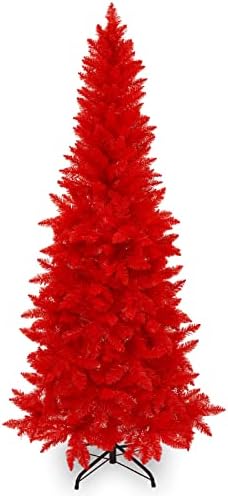 Wabolay 7ft Artificial Pencil Slim Orange Red Christmas Tree Unlit-Tall Skinny Hinged Full Real Halloween Xmas Tree with 950 Branch Tips-Foldable Metal Stand-Easy Setup-Holiday Outdoor Indoor Decor