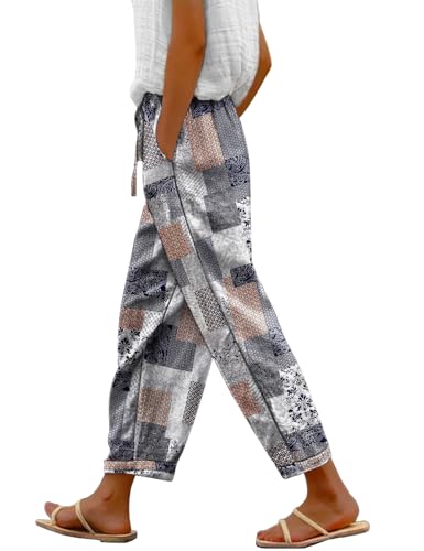 YESNO Casual Pants for Women Summer Floral Boho Lightweight Drawstring Elastic High Waist Pants with Pockets PHT