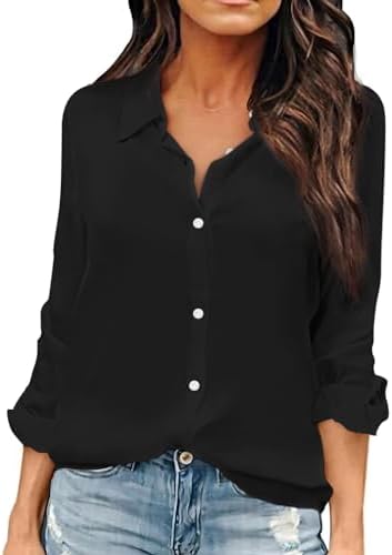 OMSJ Women Button Down Shirts Long Sleeve Chiffon Office V Neck Casual Business Blouses Tops