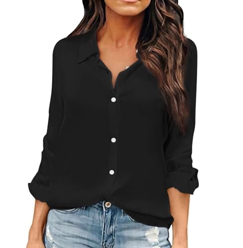 OMSJ Black Shirts Women Button Down Long Sleeve Chiffon Office Casual Blouses (L, Black)