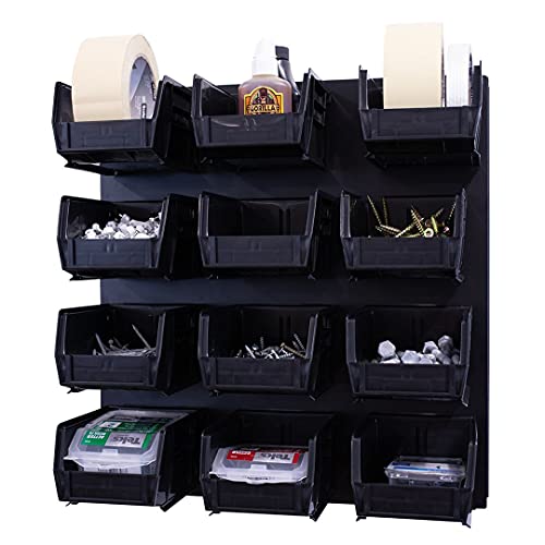 OmniWall Bin Storage System- Wall Mounted 16" x 16" Metal Garage Tool Organization System (Black)