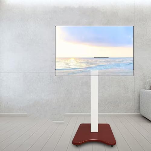 Support TV mobile à roulettes inclinable et orientable 90° avec socle en bois design