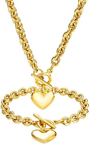 W/W Lifetime Heart Chain Necklace + Heart Bracelet for Women Girls Hearts Pendant Toggle Charm Jewelry Set Stainless Steel 18K Gold