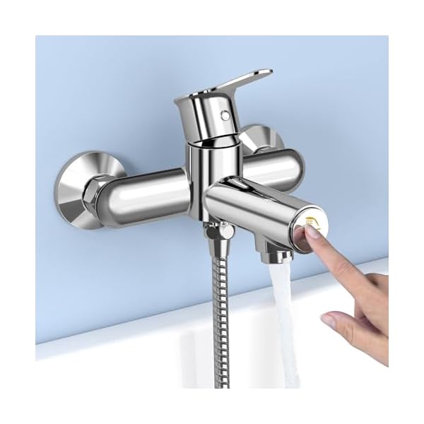 KULACO Robinet de Baignoire avec Pressostat, Chromé | Montage Mural en Laiton, Mitigeur Monocommande pour Douche et Salle de Bain