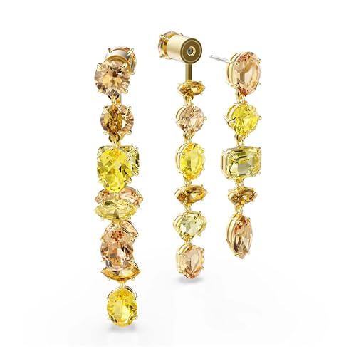 Swarovski Gema drop earrings, Asymmetrical design, Mixed cuts, Long, Yellow, Gold-tone Finish4