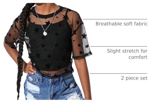 Image of BEAUDRM Girl's 2 Piece Set Star Graphic Sheer Mesh Shirt Crew Neck Short Sleeve Crop Top with Camisole