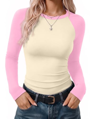 Ekouaer Womens Long Sleeve Color Block Raglan Shirts Fitted Thermal Tops