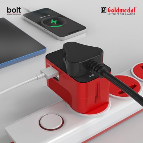 Image of Goldmedal Bolt Universal Travel Adaptor | 2 Type-A USB Ports for Quick Charging | Supports Variety of Plug Types| Perfect for International Travel - Black & Red | Supports Variety of Plug Types| Perfect for International Travel - Black & Red