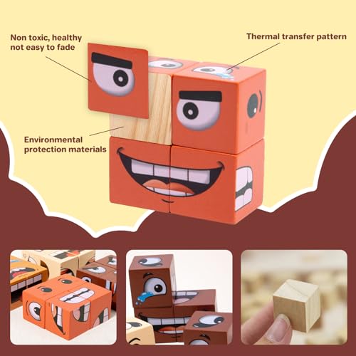 Image of Face Changing Magic Cube Game, Wooden Expression Puzzle Block Games, Fine Motor Skills Board Games for Kids & Adults with Bell