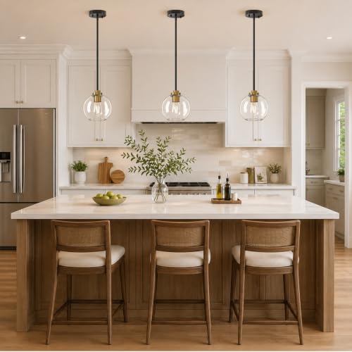 Image of MQMQA 2 Pack Globe Pendant Lights, Mid Century Black and Gold Pendant Light Fixtures, Globe Pendant Lights Kitchen Island with Clear Glass Shade Hanging Fixture for Dining Room (Bulbs not Included)