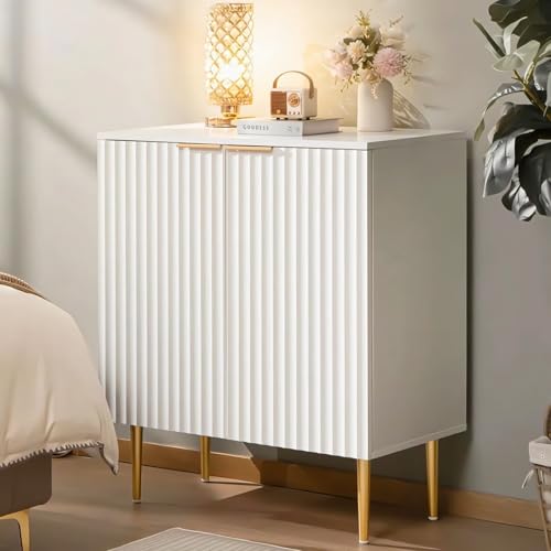 Image of Floated Panel Wooden Sideboard Cabinet | 2 Door Storage Unit with Metal Legs | Premium HDMR Wood Console Cabinet for Living Room, Kitchen & Dining | DIY Leg Assembly (White)