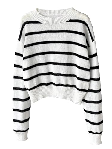 Image of BEAUDRM Girl's Cute Bow Sweater Crew Neck Long Sleeve Drop Shoulder Loose Pullover Tops