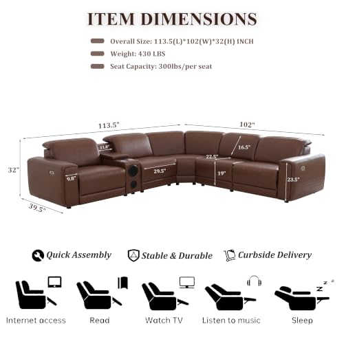 Image of Power Recliner Sectional Sofa, L-Shaped Living Room Furniture Set, Reclining Sectional Couch with Storage Console /Cup Holder for Living Room /House /Apt (Brown, 5 Seater)