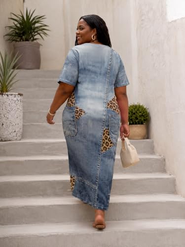 Image of SUZONANA Plus Size Denim Print Maxi Dresses for Women Casual V Neck Short Sleeve with Pockets Soft Jean Look Dress XL-6XL