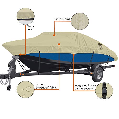 Classic Accessories Dryguard Beige Waterproof Boat Cover, 16' - 18.5' L X 98" W, Trailerable Boat Cover, Model C, Marine Grade Fabric, Water-Resistant, Fits V-Hull Runabouts Outboards And I/O #TOP2