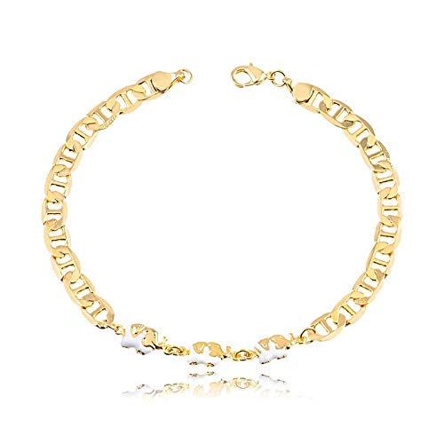 AMA 18K Gold-Plated Anklet with White Enameled Elephants - Good Luck Charm Jewelry for Elephant-Loving Women - 10-Inch Flat Marine Chain with Bohemian Style Enamel Accents - Safe and Hypoallergenic
