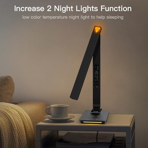 Image of LED Desk Lamp with Wireless Charger, USB Charging Port, Sliding Dimmable Auto Timer Table Lamp with Night Light, Desk Lights with Clock for Study Reading Home Office