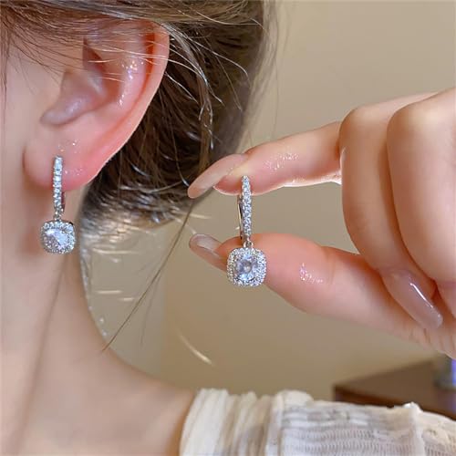 Classic Cubic Zirconia Dangle Hoop Earrings for Women Girls 18K White Gold Plated Princess Cut Square Halo CZ Charms Drop Dangling Leverback Stud Dainty Birthday Wedding Anniversary Jewelry Gifts2