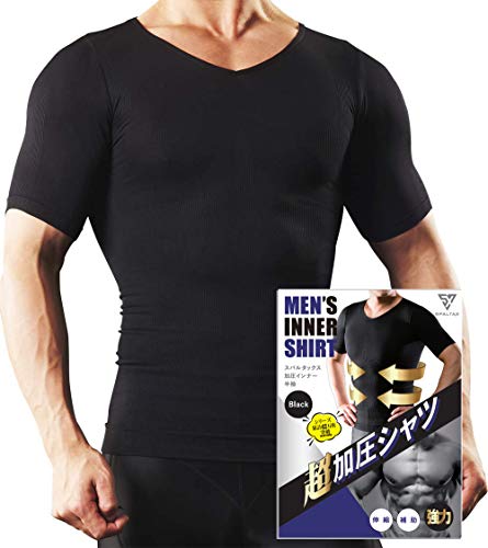 スパルタックス 加圧シャツ メンズ 加圧インナー 半袖 vネック 機能性インナーシャツ コンプレッション (ブラック（黒）, L)