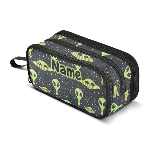 Image of Custom Green Aliens Space Pencil Case Box Boys Girls Personalized Name Large Pencil Pouch Stationery Pen Bag Organizer for Kids Adults School Office