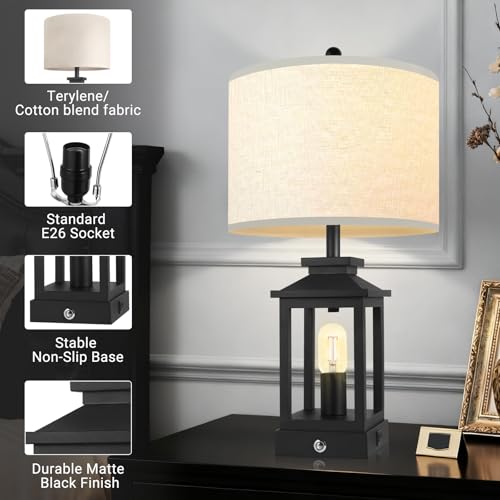 Lámpara de Mesa Negra Estilo Rústico, 3 Niveles con USB, Pack x2 miniatura 3