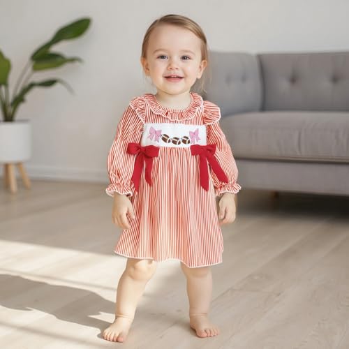 Toddler Girl Football Outfit Football Bow Embroidery Plaid Print Ruffle Collar Long Sleeve Smocked Dress Kids Fall Clothes2