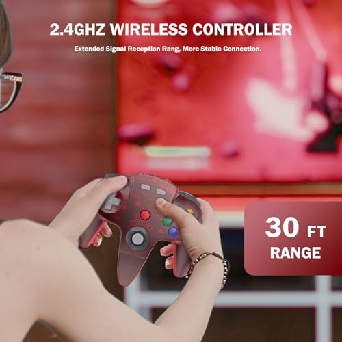 Image of KIWITATA 2 Pack Wireless N64 Controller for Switch Games, 2.4GHZ Remote N64 Joystick Wireless Game Controller Compatible with Raspberry Pi, N64 System, Windows 7,8,10,11 Clear Red