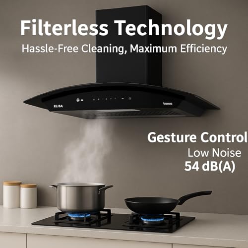 Image of Elisa Venus 90 Auto Clean Filterless Kitchen Chimney | 90cm, 1400 m /hr Suction, Gesture & Touch Control, Black, LED Lamp, Low Noise Cooker Hood