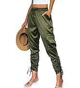 Women's Pocketed Cargo Jogger Satin Pants Dressy Casual High Waist Sweaterpants
