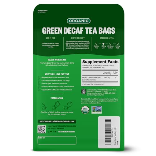 Image of FGO Organic Green Decaf Tea, 100 Count, Eco-Conscious Tea Bags, Resealable Bag, Caffeine Free, Packaging May Vary (Pack of 1)