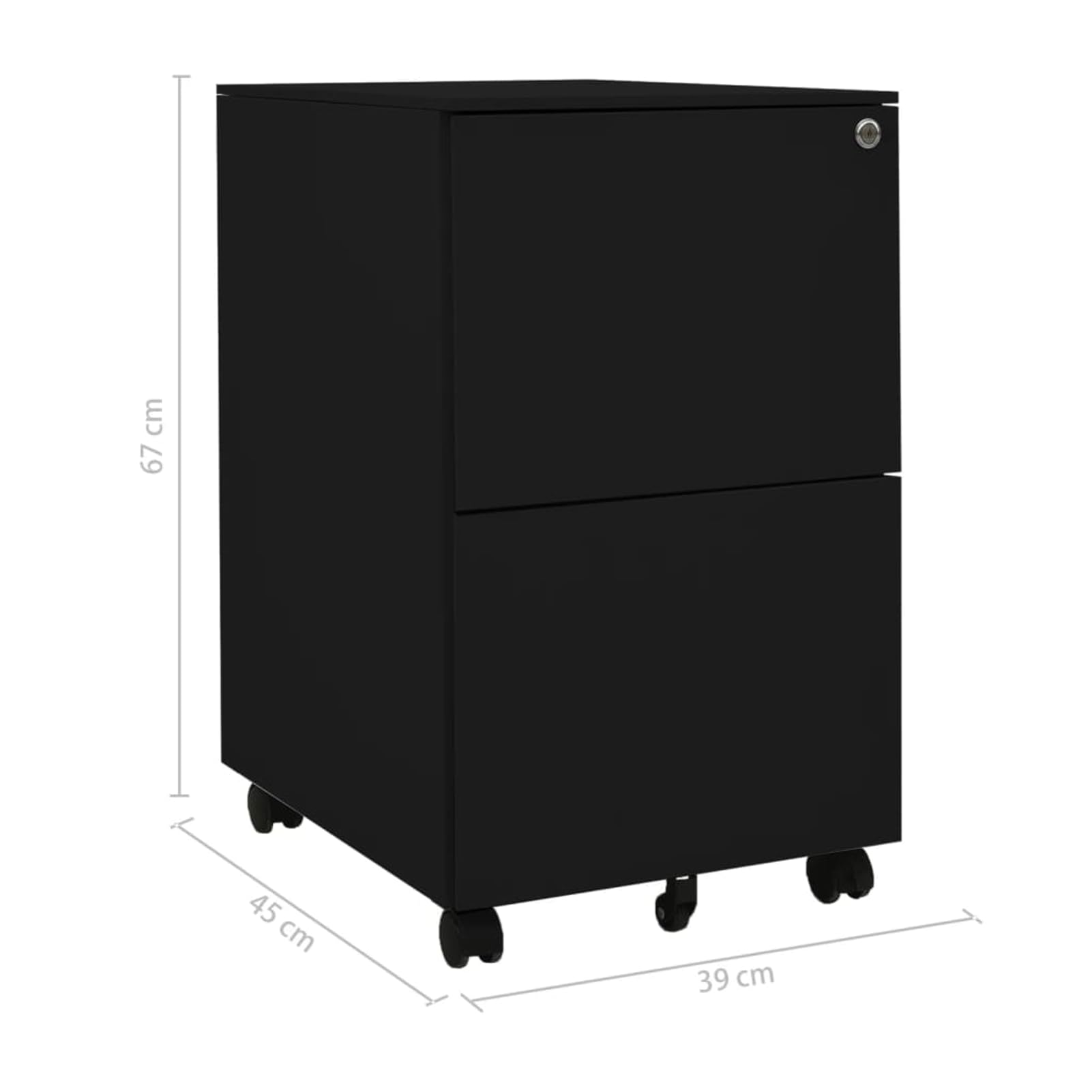 Armadietto per documenti con ruote, 39 x 45 x 67 cm, nero, acciaio, 2 cassetti chiudibili con 3 cuscinetti a sfera, compatibile con A4/Legal/Letter, per ufficio e home office