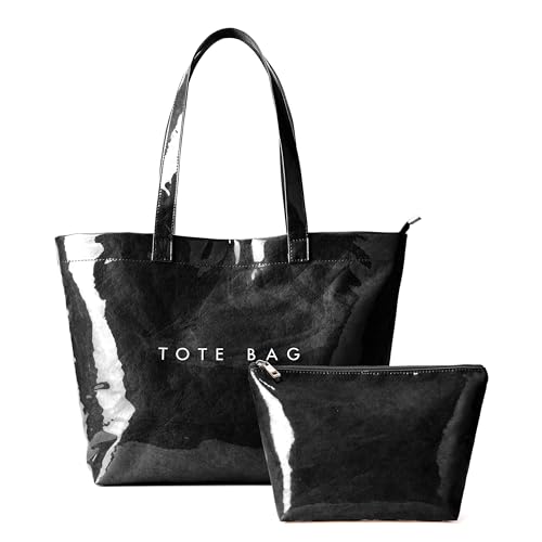 Image of KALIDI PVC Zipper Tote Bag, Jelly Kraft Paper Beach Bag Large Hobo Carry All Travel Shopping Handbag Plastic Shoulder Bag