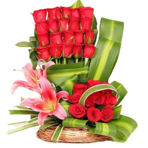 Floralbay Valentine's Day Special Fresh Flowers Basket Arrangement of 30 Red Roses and 2 Pink Lilies (Bunch of 32)