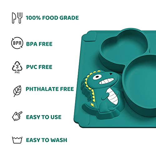 Image of SNOWIE SOFT Baby Suction Plates For Baby Feeding; Silicone Toddler Plates With Deep Divided For Kids To Feed Themselves, Baby Place Mats With Cute Dinosaur Design, Bpa Free,1 Count,Green