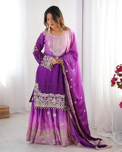 Image of Pandadi Saree Women's Chinon Silk Embroidery Kurta Sharara Set With Dupatta.