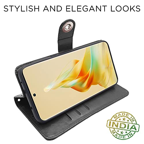 Image of Pikkme Oppo Reno 8T 5G Flip Cover Leather Finish | Inside TPU with Card Pockets | Wallet Stand and Shock Proof | Complete Protection Button Flip Case (Black)