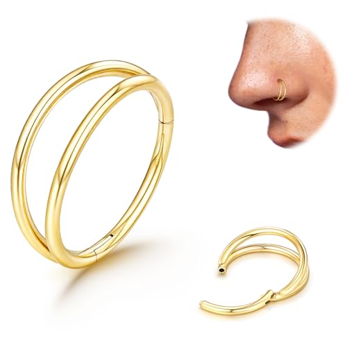 Titanium Double Hoop Nose Ring 20G 18G Gold Silver Balck Nose Rings Hoops for Women Men Hypoallergenic 6mm 7mm 8mm 9mm Nose Nostril Septum Cartilage Helix Daith Conch Rock Piercing Jewelry (Gold-20g 7mm)