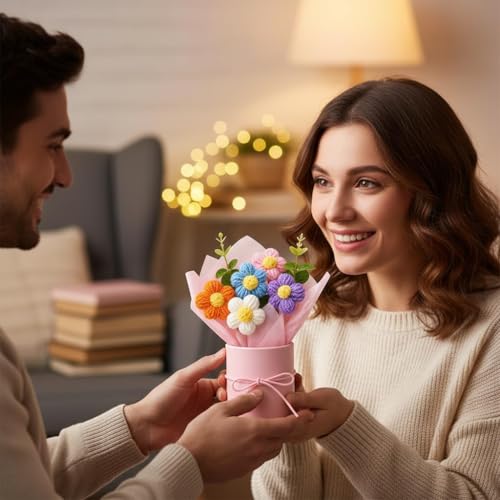 Image of Colorful Handmade Mini Flower Bouquet Gift - Crochet Artificial Flowers in Pot | Cute Bright Desk Decor | Birthday, Anniversary, Return Gift for Women & Girls | Long Lasting Floral Decoration