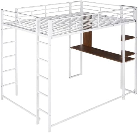 Side view of the Bellemave Full Size Metal Loft Bed, showing the ladder and the integrated desk and shelves.